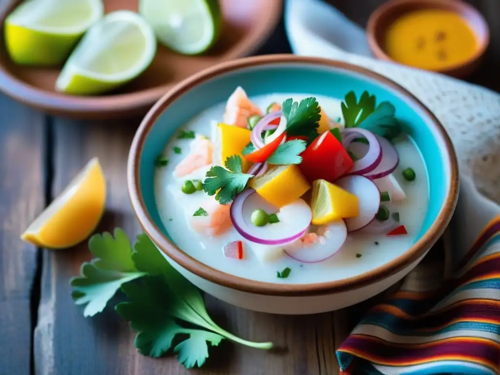 Delicioso ceviche peruano con ingredientes autóctonos, presentado en una fotografia gastronómica vibrante