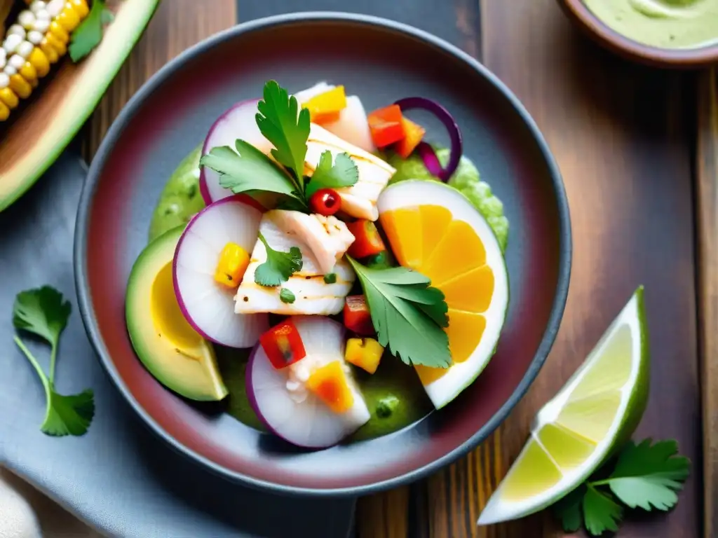 Un delicioso ceviche peruano con ingredientes autóctonos en una elegante presentación