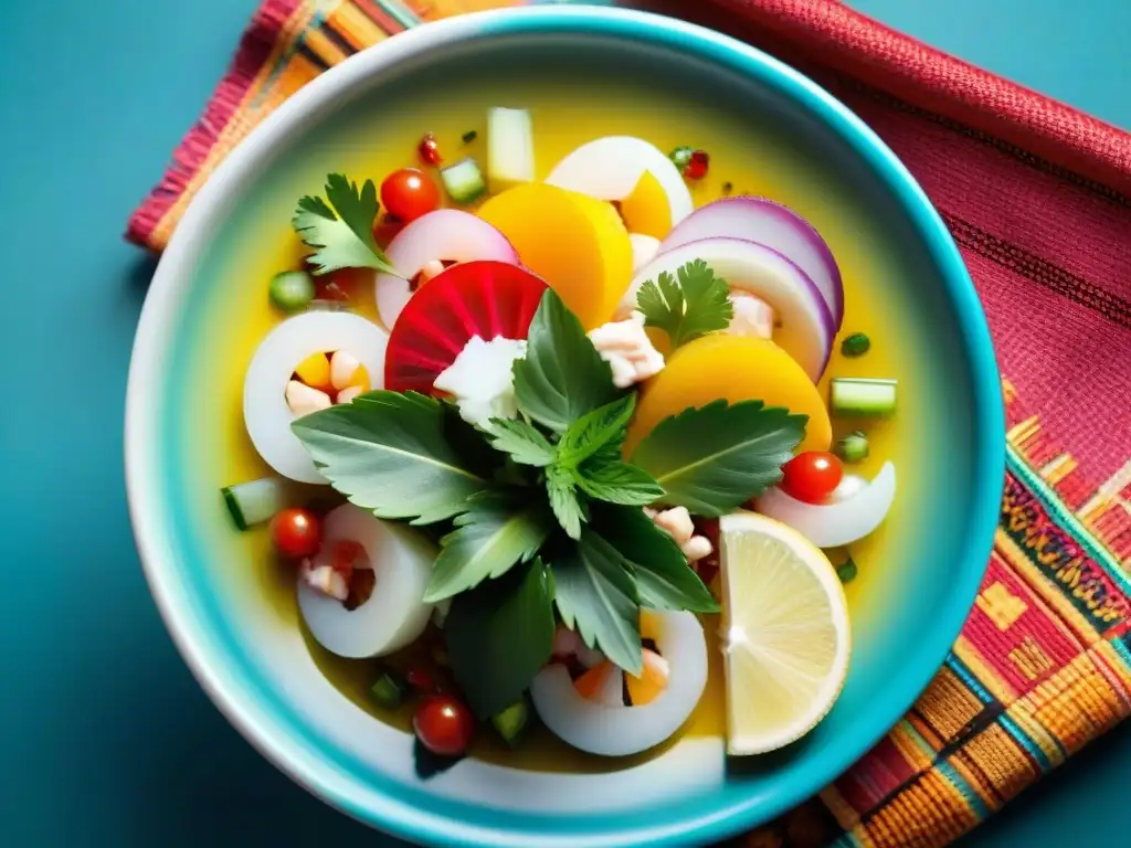 Delicioso ceviche peruano con ingredientes autóctonos en vibrante presentación