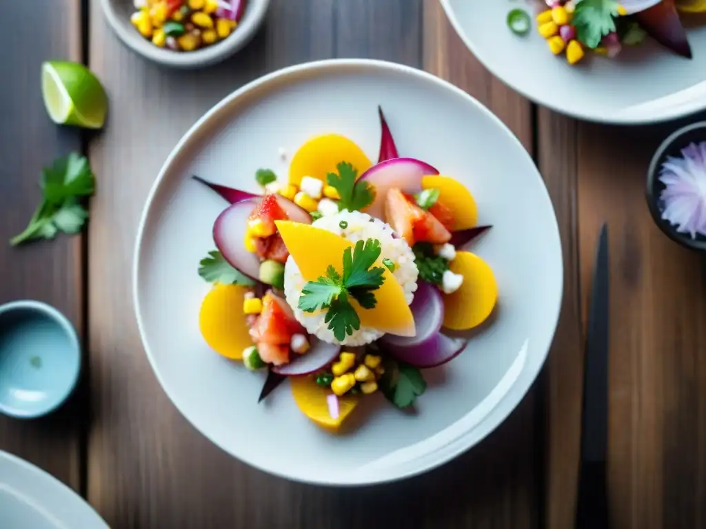 Delicioso ceviche peruano con mariscos frescos y coloridos ingredientes, en elegante presentación