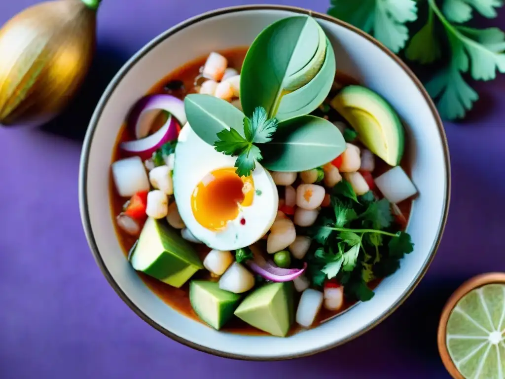 Delicioso ceviche peruano en mercado vibrante