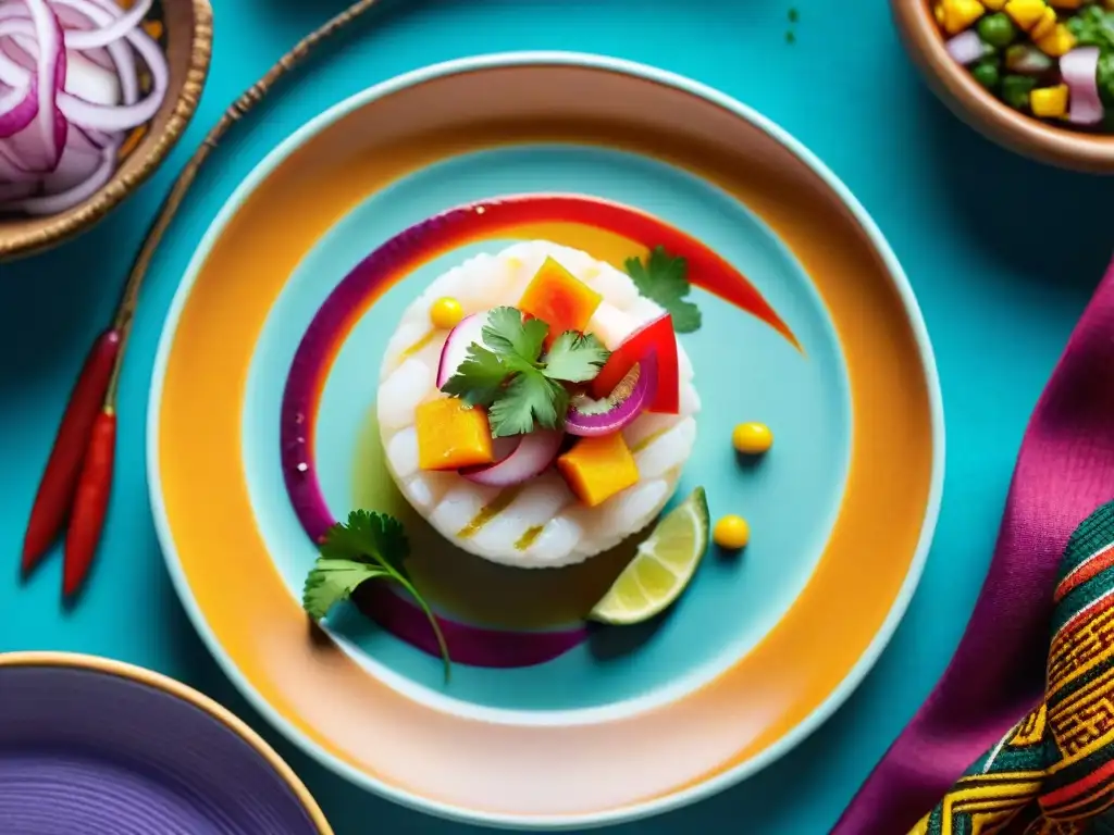 Delicioso ceviche peruano en plato colorido con ingredientes frescos