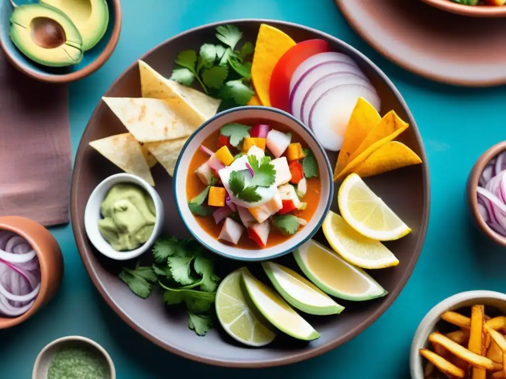 Un delicioso ceviche peruano en un plato tradicional, acompañado de yuca frita y salsa de rocoto, en un mercado peruano