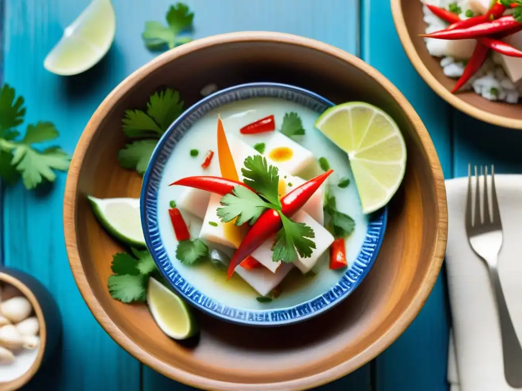 Fotografía de un delicioso ceviche peruano en un plato cerámico azul y blanco, con limón, cilantro y ají rojo