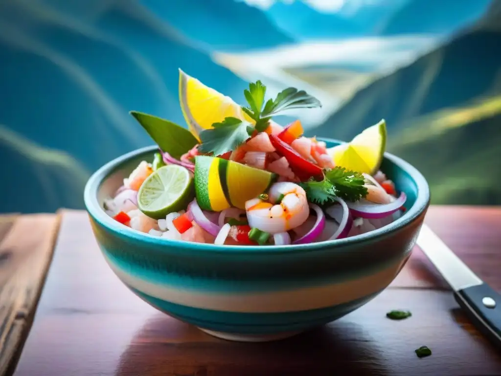 Delicioso ceviche peruano servido en tazón de cerámica sobre mesa de madera rústica, con vista a los Andes