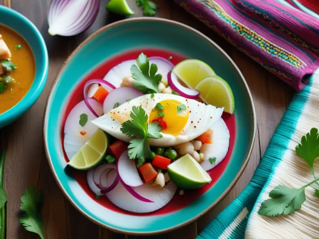 Un delicioso ceviche peruano tradicional, fresco y colorido, en una elegante presentación gastronómica