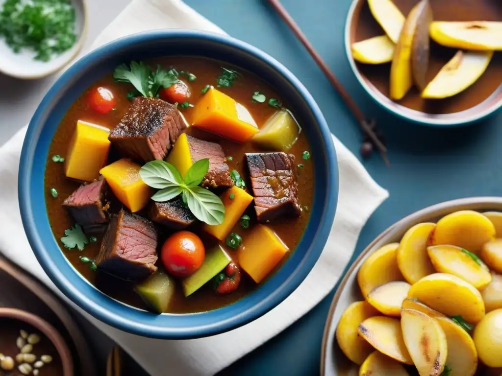 Un delicioso charquicán peruano tradicional, con carne, verduras y plátanos fritos