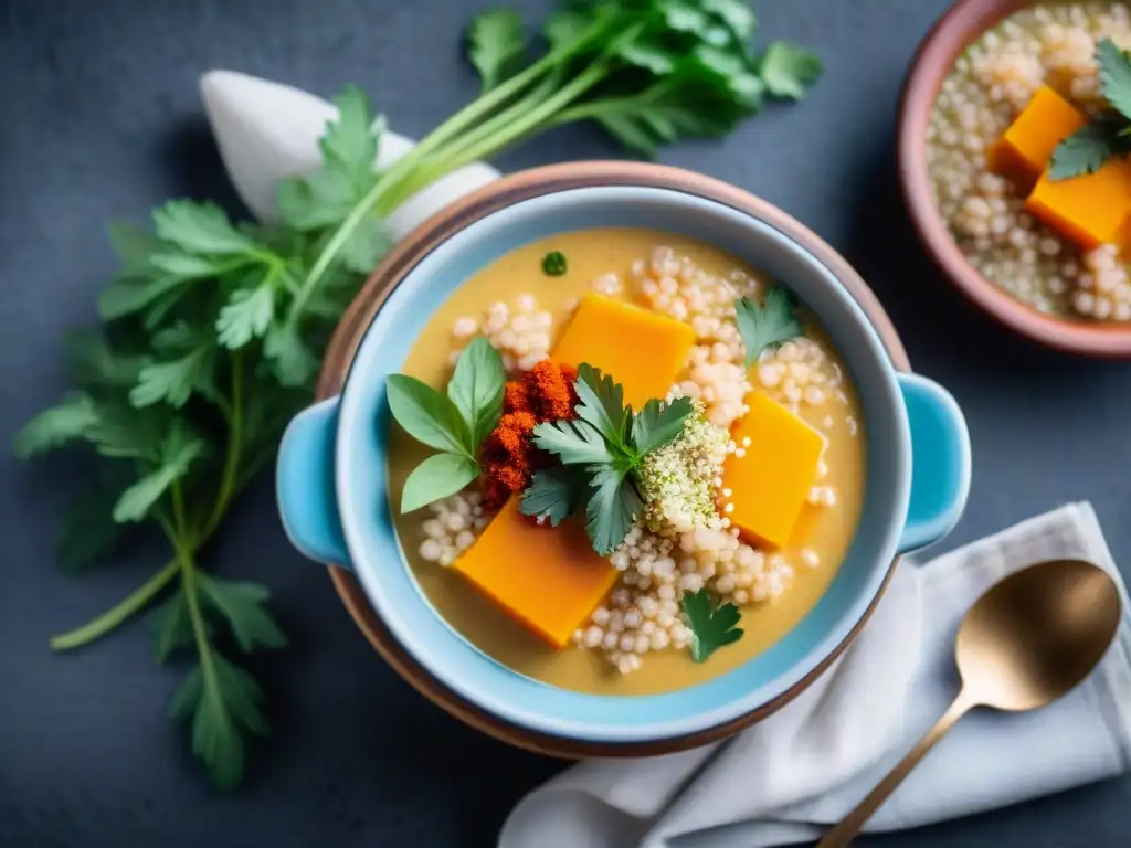 Un delicioso Chupe de Quinua con hierbas frescas y paprika, resaltando los beneficios y el exquisito sabor de esta receta peruana tradicional