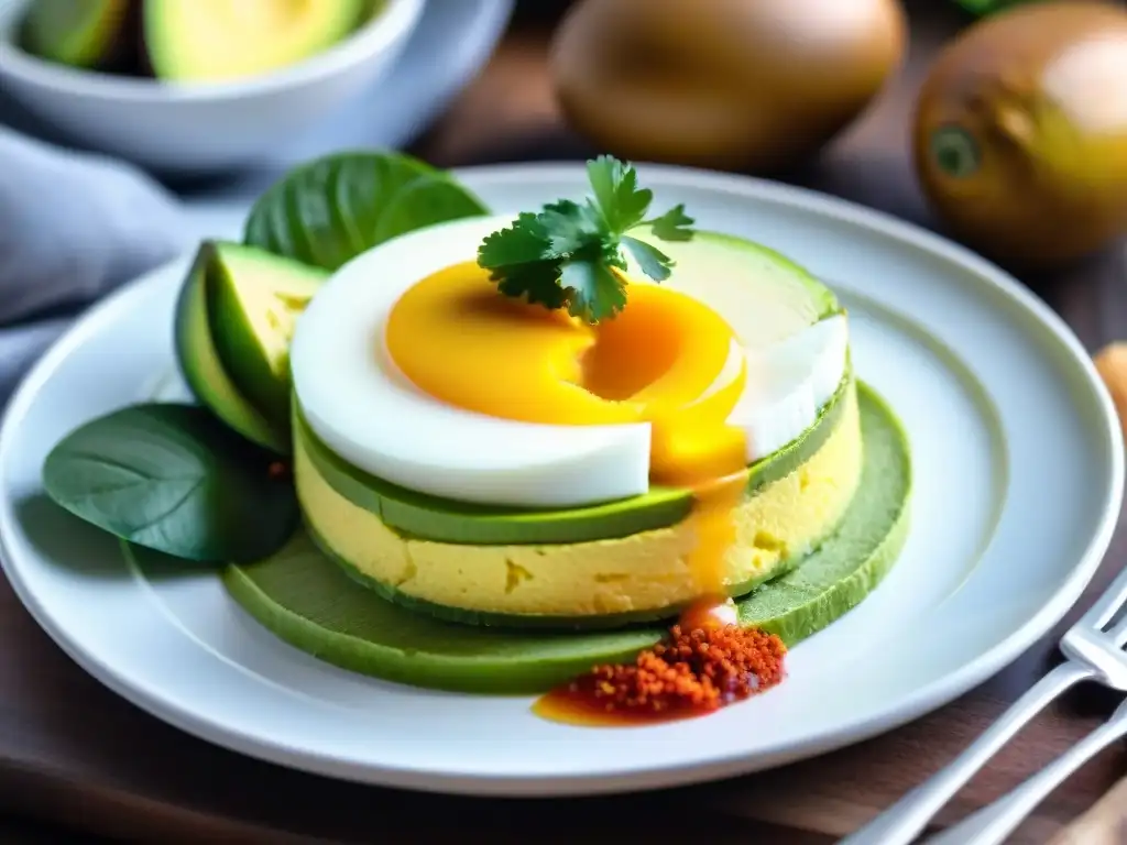 Un delicioso y colorido plato de Causa Limeña receta auténtica, con capas de sabores y texturas vibrantes