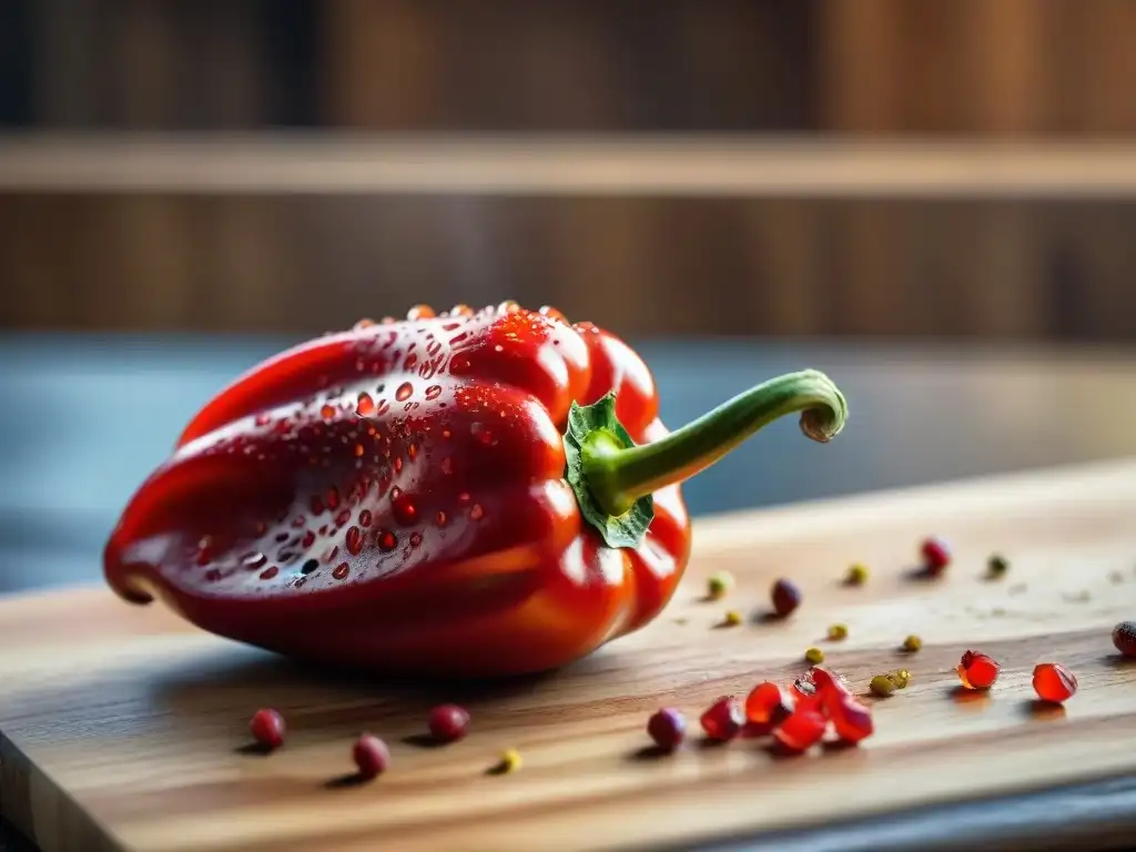 Delicioso Ají Limo rojo: frescura y sabor en cada corte Delicioso ají limo rojo siendo cortado, mostrando sus semillas y picante interior, en tabla de madera