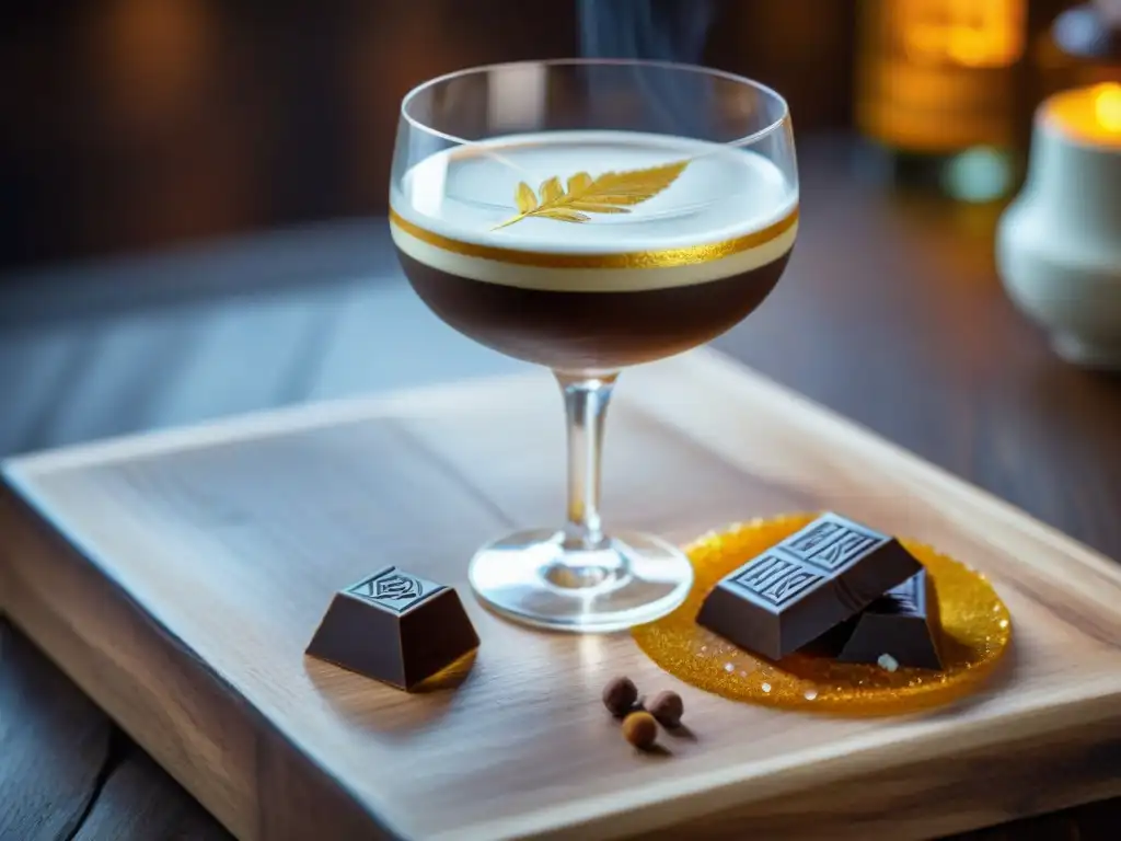 Delicioso maridaje pisco chocolate en mesa rústica con decoración elegante y motivos peruanos