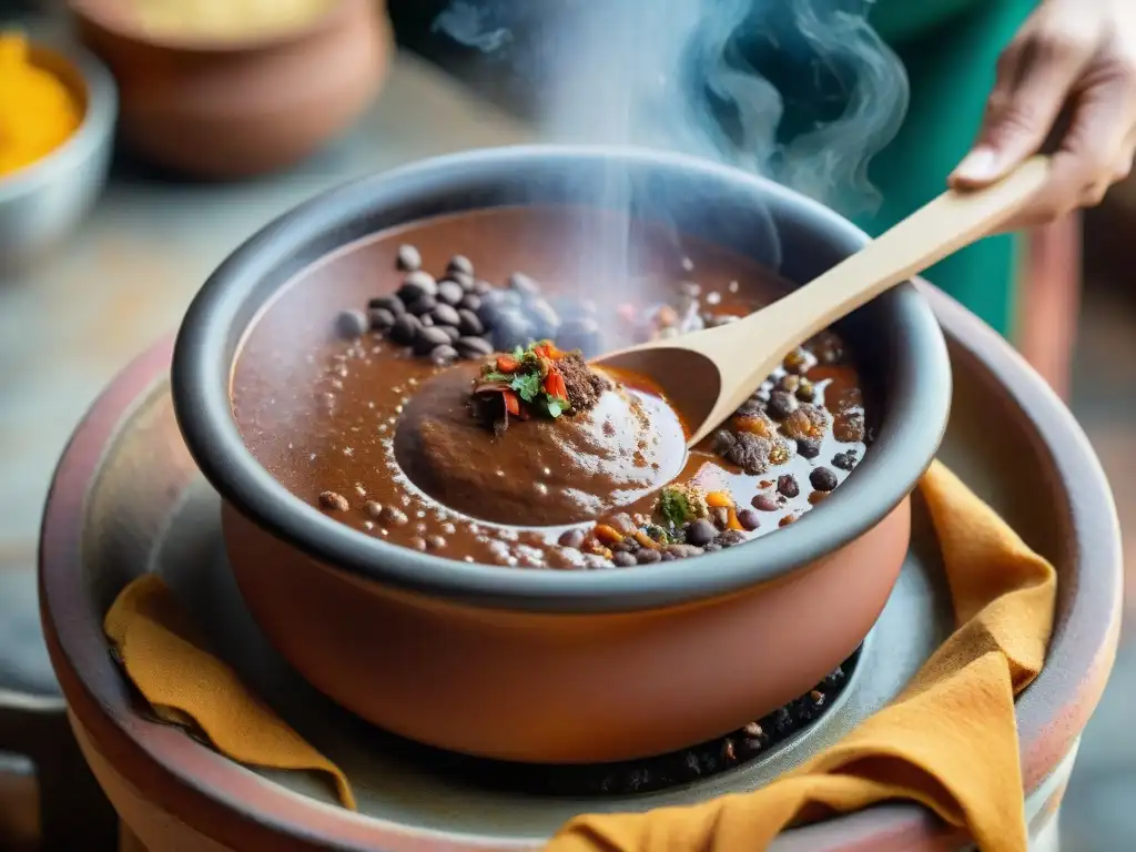 Delicioso mole mexicano en olla de barro, con textura y colores profundos