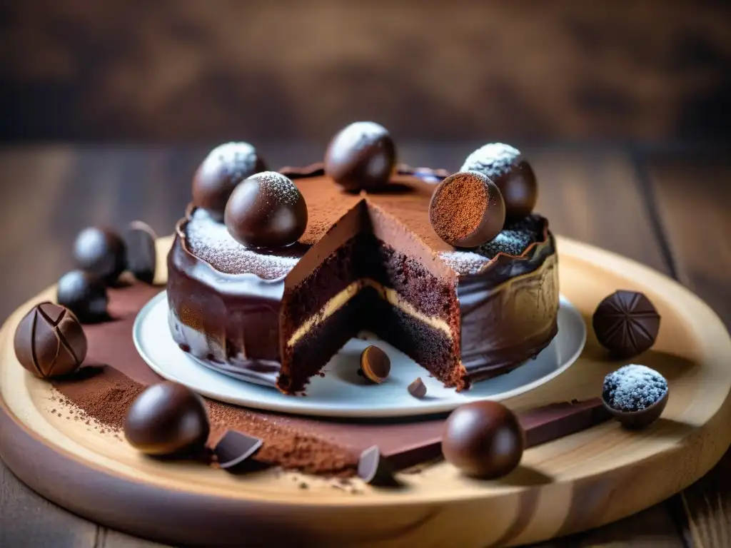 Delicioso pastel de chocolate con cacao peruano en repostería mundial rodeado de trufas y granos de cacao en una mesa rústica