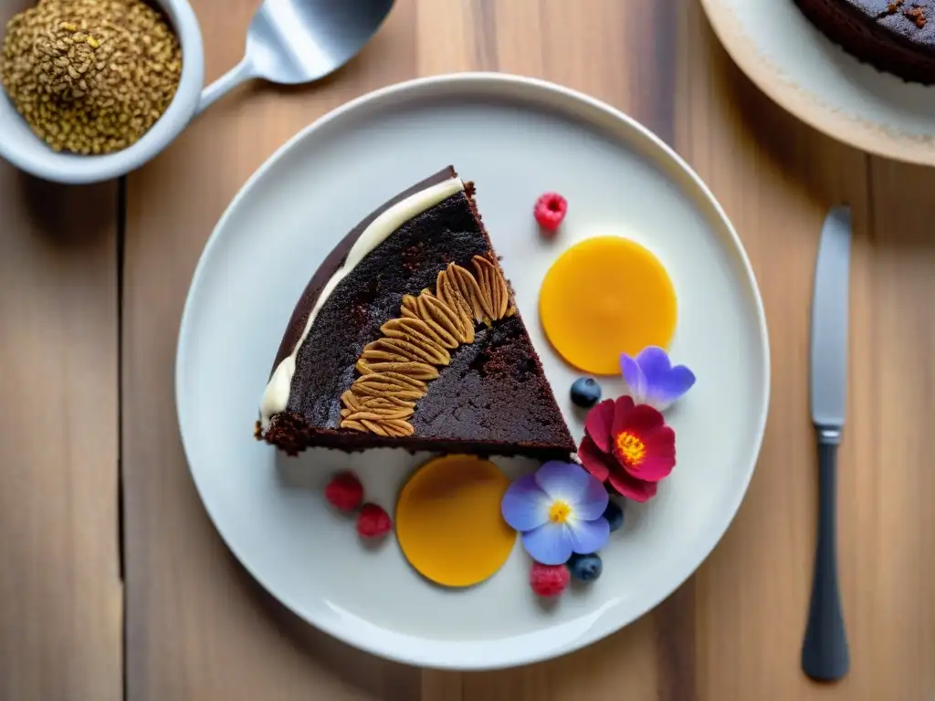 Delicioso pastel de chocolate con crema de quinua y frutos rojos sobre mesa de madera