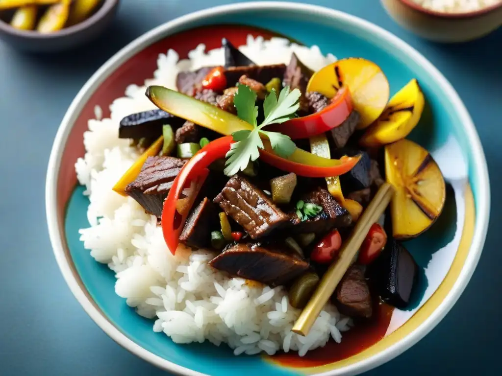 Delicioso Lomo Saltado peruano en plato de cerámica colorido con influencias culinarias españolas