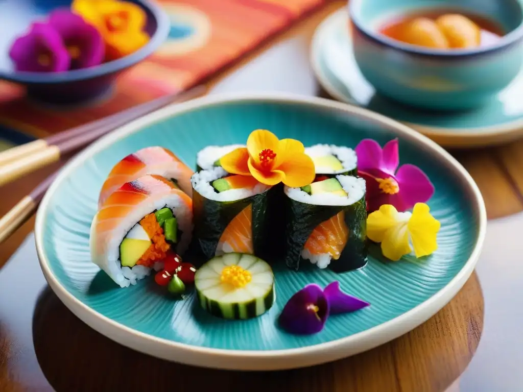 Delicioso plato de sushi peruano-japonés con flores comestibles y cerámica tradicional, destacando los sabores creativos