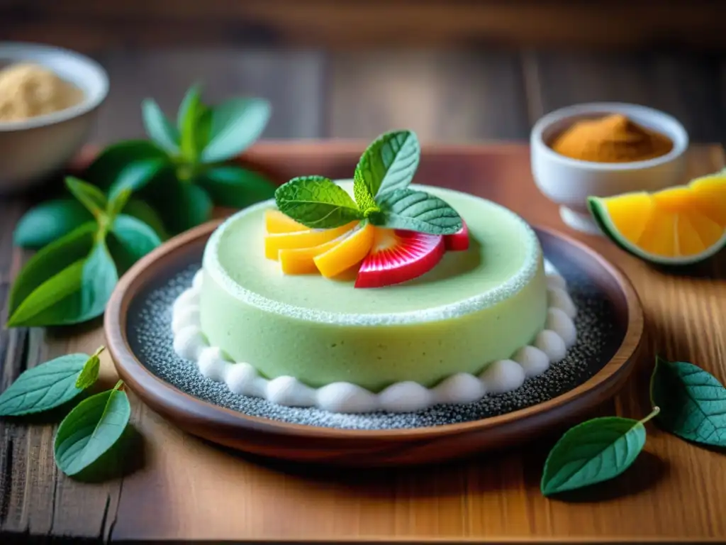 Delicioso postre tradicional chirimoya Perú: mousse cremosa con fruta fresca, canela y menta en mesa rústica