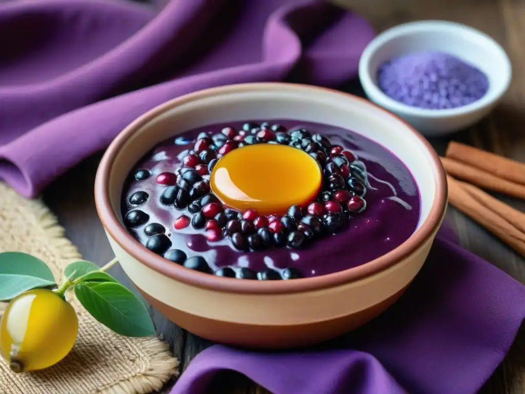 Un delicioso postre tradicional: Mazamorra Morada en un cuenco de barro, decorado con canela y maíz morado