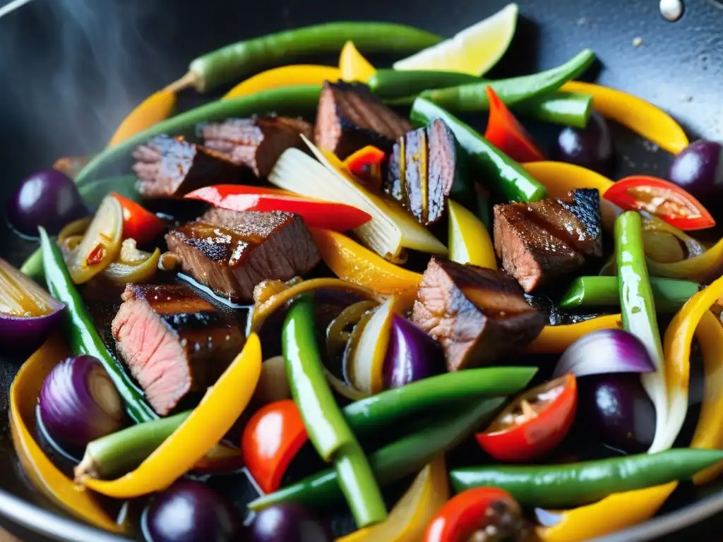 Delicioso Lomo Saltado humeante en sartén de hierro, capturando sus colores y aromas