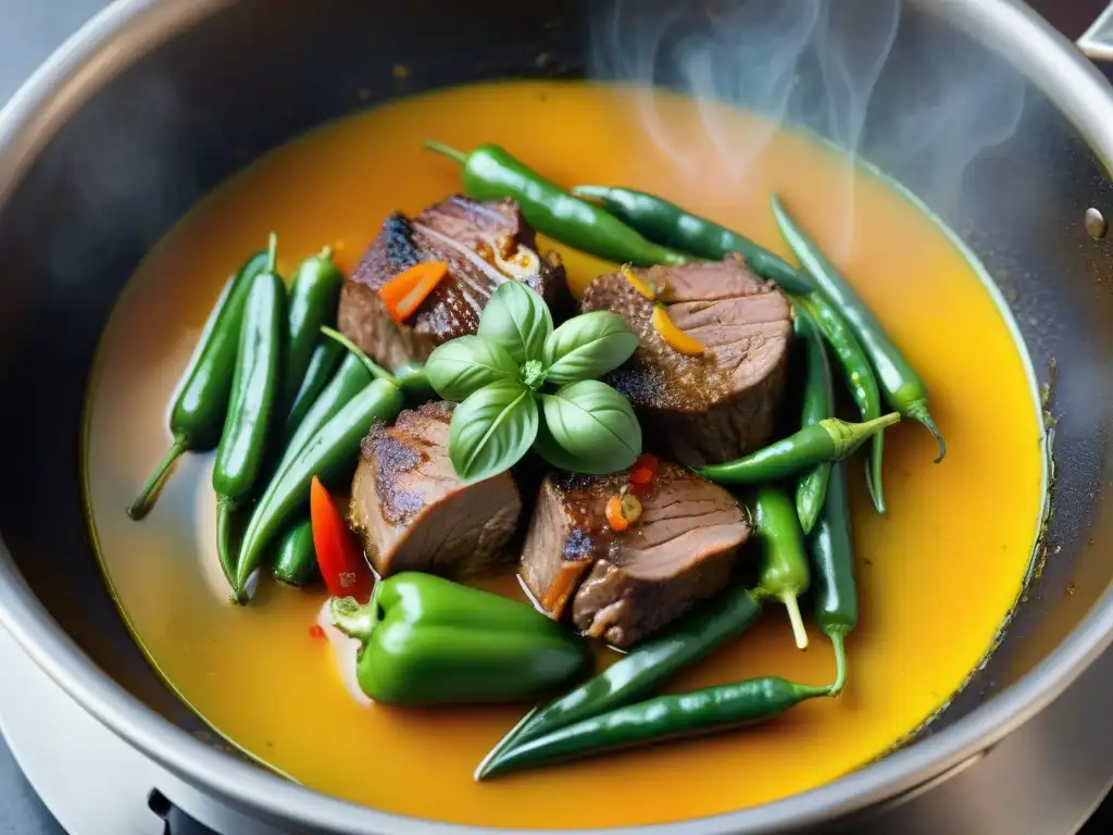 Un delicioso seco de cordero cocinándose lentamente en la estufa, rodeado de ingredientes frescos y aromáticos