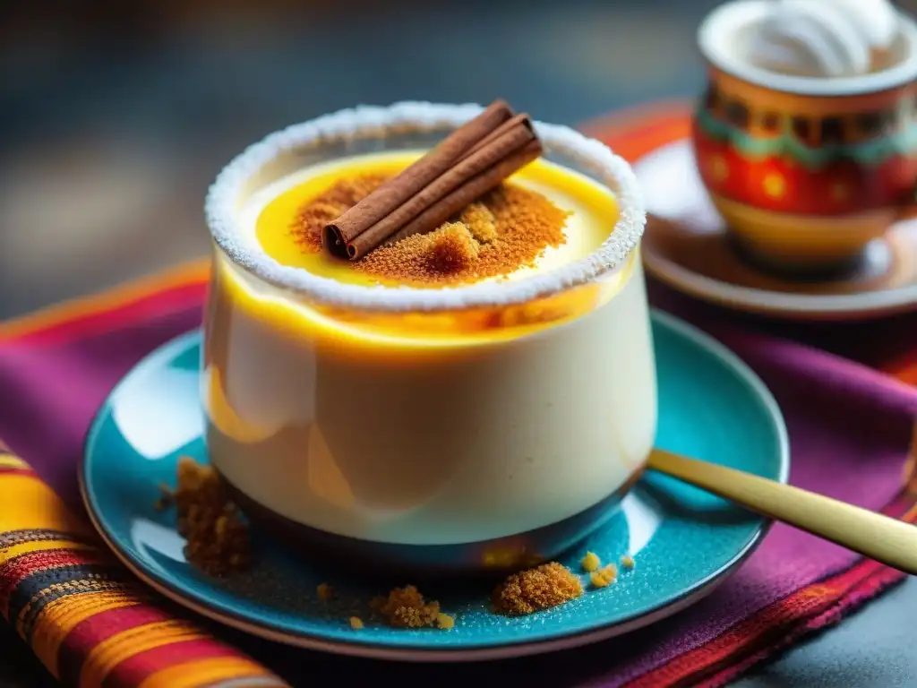 Delicioso suspiro a la limeña en plato de cerámica, con café y textiles peruanos