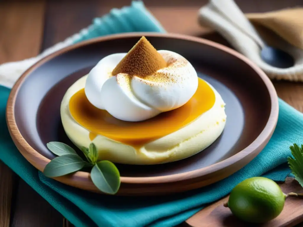 Un delicioso Suspiro a la Limeña, postre peruano, con estilismo alimentario en vibrantes colores y texturas