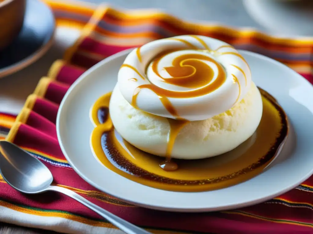 Un delicioso Suspiro a la Limena: manjar blanco con merengue dorado, sobre mesa peruana