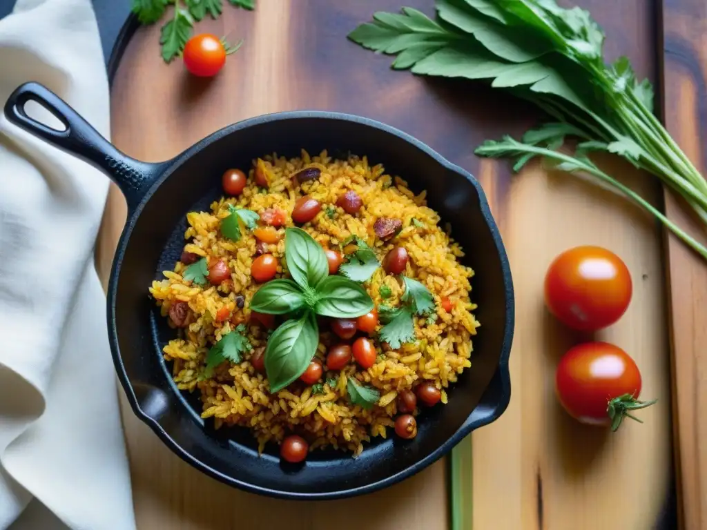 Delicioso Tacu Tacu dorado en sartén de hierro, rodeado de hierbas frescas y tomates