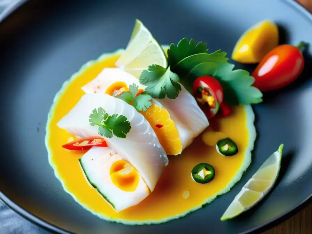 Delicioso tiradito peruano con pescado blanco en cítricos, ají, maíz y cilantro en plato negro