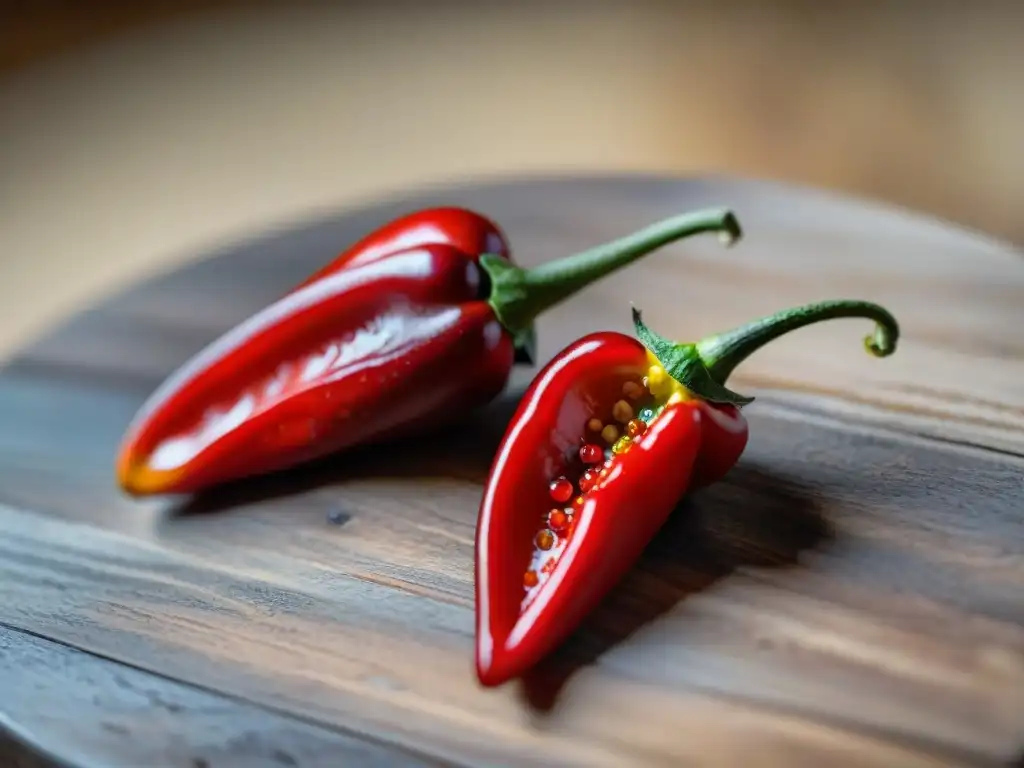 Deliciosos Ají Panca rojos brillantes sobre madera rústica, resaltando su frescura