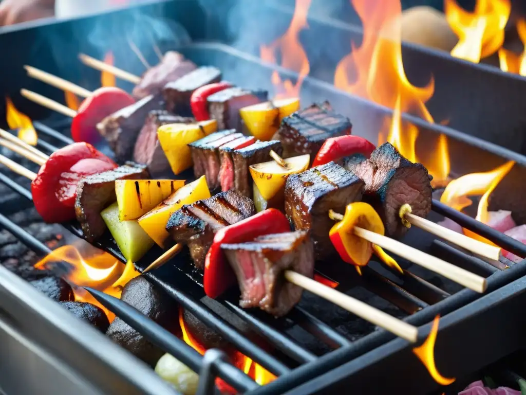 Sabrosos anticuchos peruanos en llamas Deliciosos anticuchos peruanos en parrilla, con ingredientes vibrantes y preparación tradicional