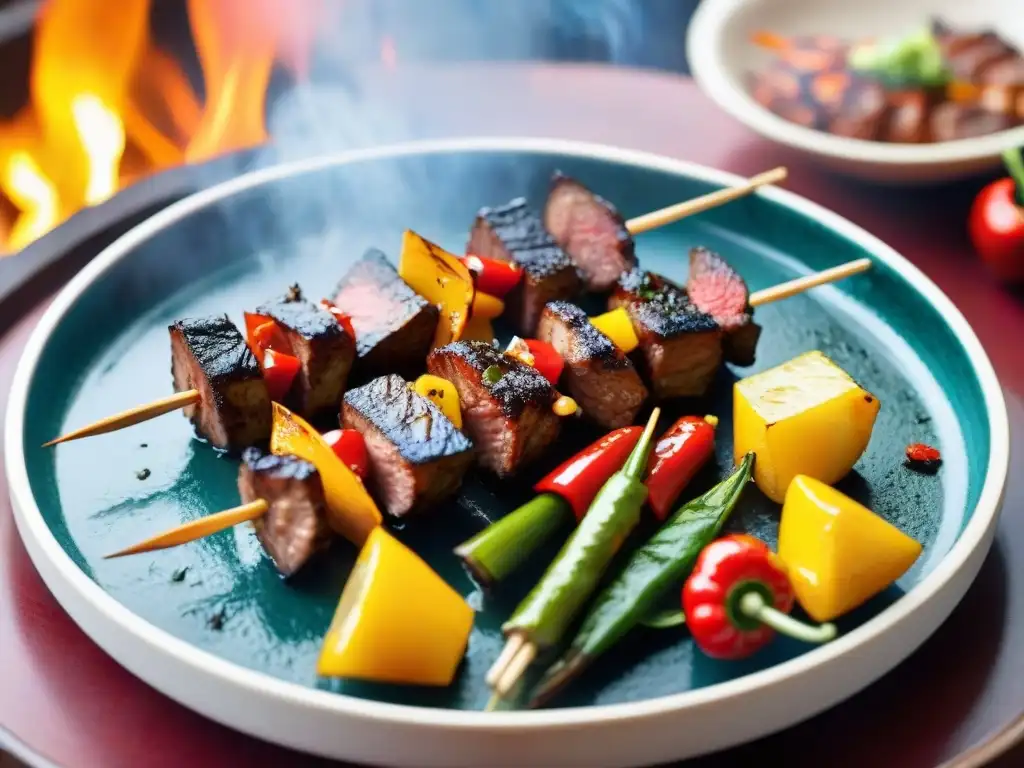 Deliciosos anticuchos peruanos a la parrilla con carne jugosa y ajíes rojos, resaltando su colorido y presentación artística