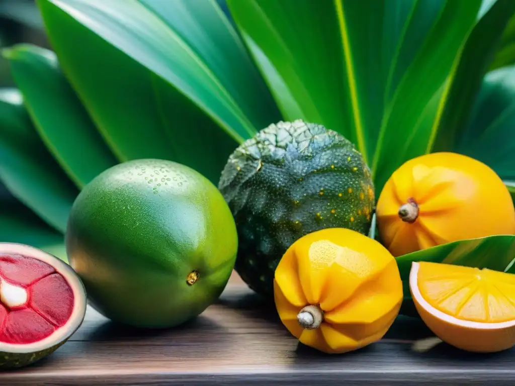 Deliciosos frutos tropicales frescos como lucuma, maracuyá y chirimoya en mesa de madera, con hojas verdes al fondo