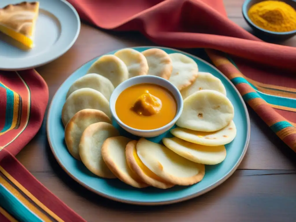 Deliciosos tequeños peruanos auténticos en un plato de madera rústico, con relleno de queso derretido y aji amarillo, sobre mantel peruano colorido