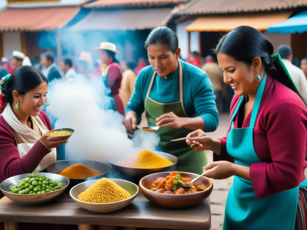 Deliciosos platillos peruanos en el bullicioso Festival de la Chicha en Cusco, resaltando la gastronomía peruana