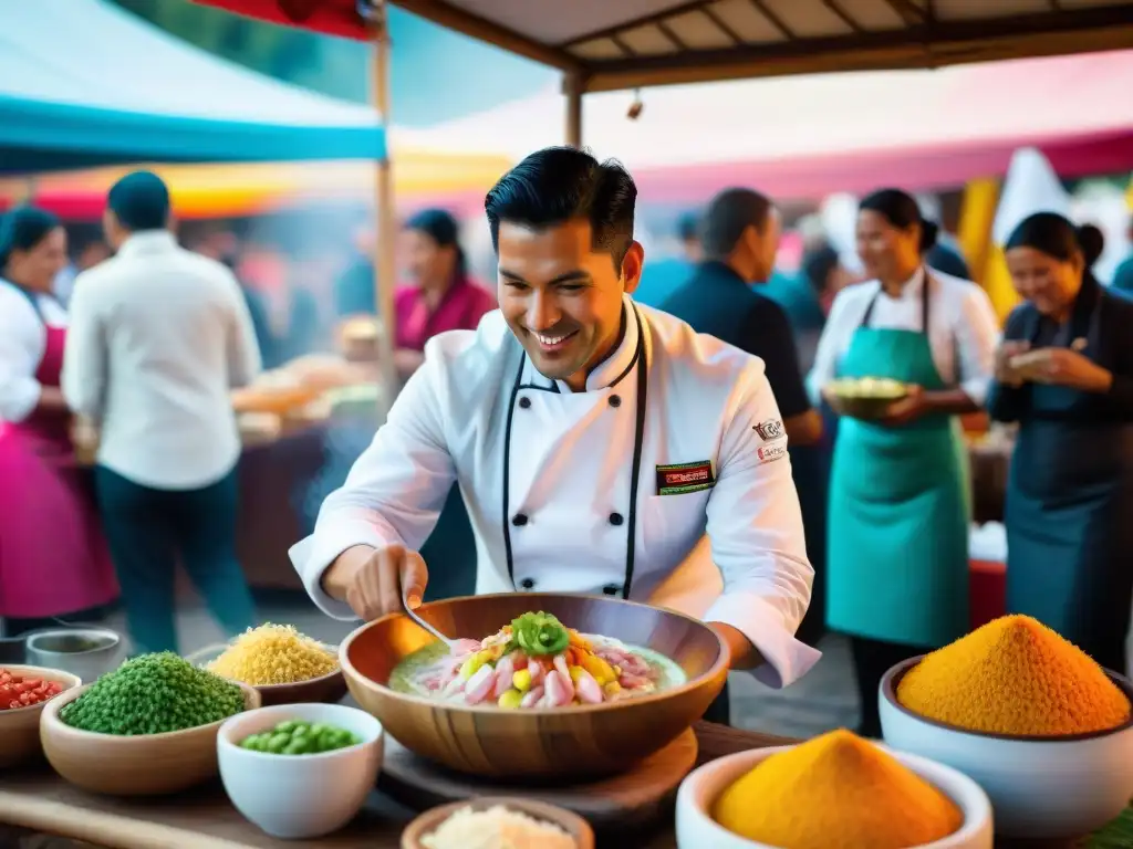 Una demostración culinaria tradicional peruana en un festival vibrante