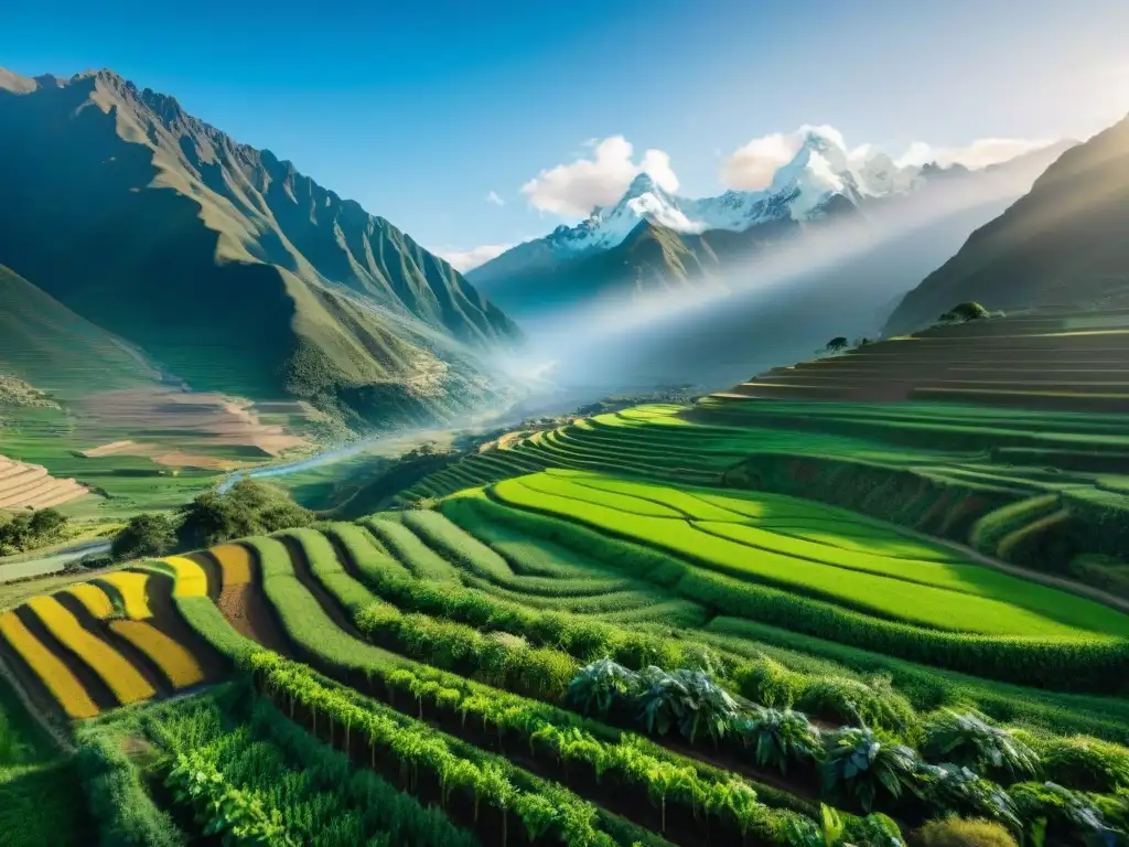 Desafíos y soluciones sostenibles en la agricultura peruana: agricultor en paisaje Andino verde, cuidando cultivos bajo el sol