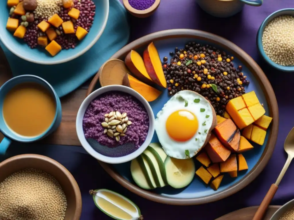 Un desayuno peruano con ingredientes autóctonos dispuestos en una mesa rústica, iluminados por la suave luz matutina