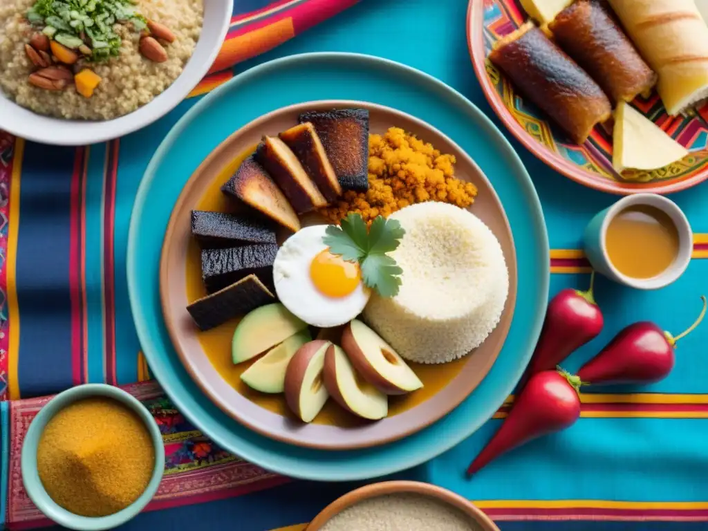 Un desayuno peruano fusionando ingredientes autóctonos en una mesa colorida y vibrante