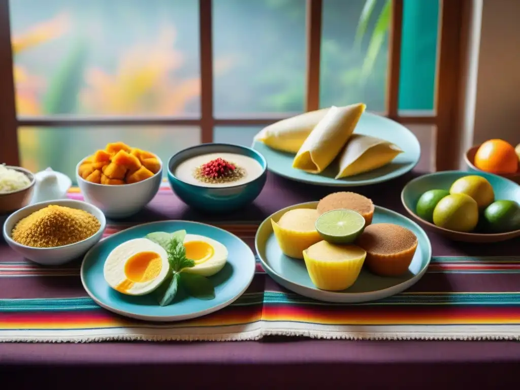 Un desayuno peruano con ingredientes autóctonos en una mesa de madera, resplandeciendo en colores y sabores exquisitos