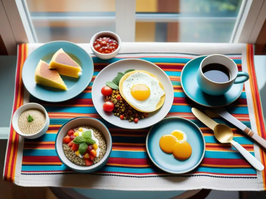 Un desayuno peruano innovador y tradicional con platos creativos y coloridos en una mesa bellamente decorada