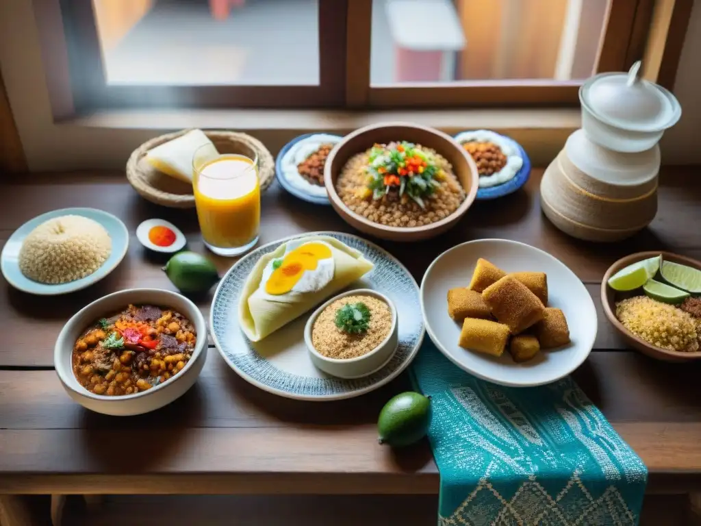 Un desayuno peruano innovador y tradicional, con tamales, pan con chicharrón y natillas de quinua, dispuestos en una mesa rústica