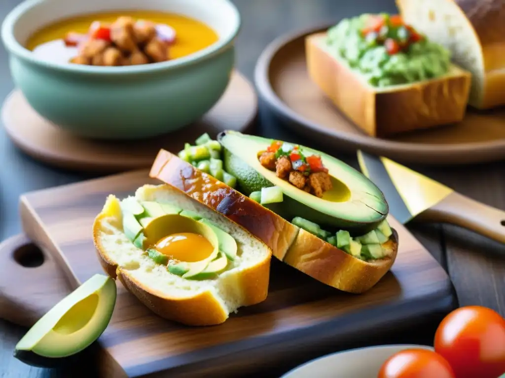 Un desayuno peruano tradicional: pan con chicharrón, aguacate, tomate y salsa criolla en una cálida cocina