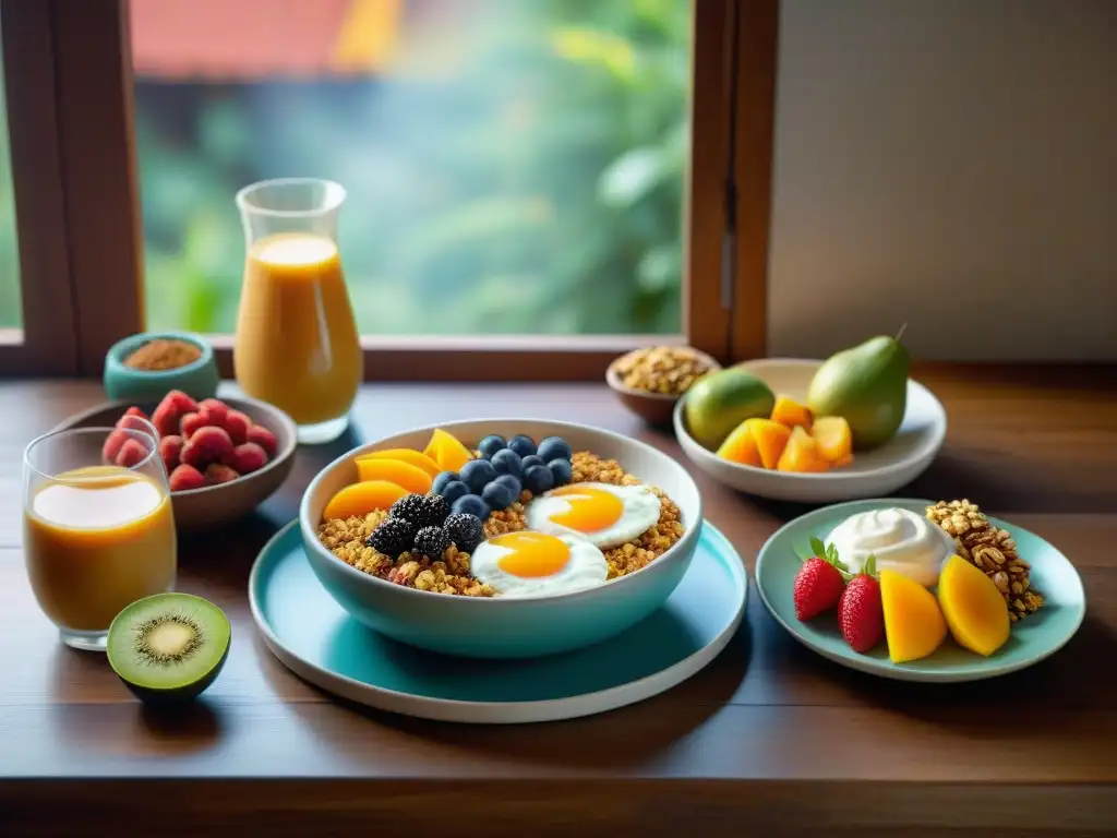 Un desayuno saludable con aguaymanto, granola, yogurt y café