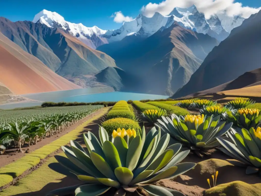 Deslumbrante paisaje andino con maca en primer plano, reflejando los beneficios de la maca andina