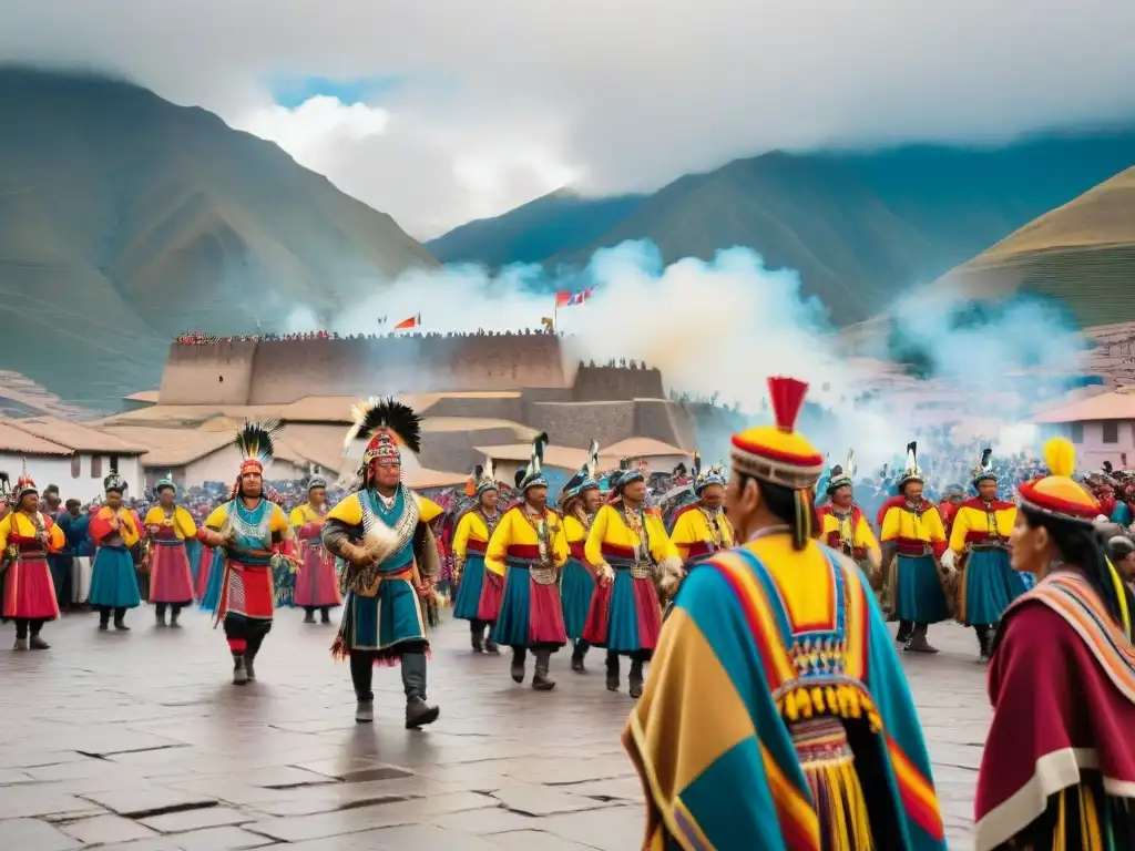 Deslumbrante ritual gastronómico Inti Raymi en Cusco, Perú con danzas incas y música andina bajo la sombra de antiguas ruinas y montañas nevadas