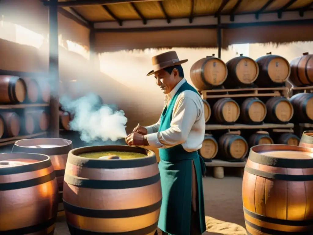 Destilación artesanal de Pisco en una tradicional destilería peruana, reflejando la identidad cultural y la influencia del Pisco