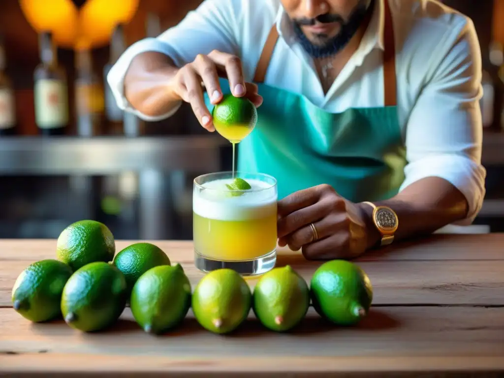 Un destilado de El pisco sour en Perú: manos expertas exprimen limas frescas en un bar tradicional, creando una obra maestra llena de historia y sabor