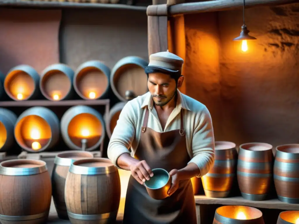 Un destilador peruano examina con cuidado una partida de pisco recién destilado en un ambiente rústico iluminado por velas