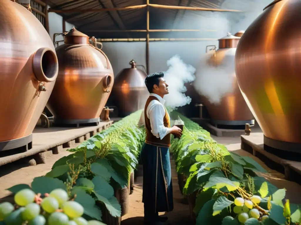 Un destilador peruano supervisando la destilación de pisco, rodeado de alambiques de cobre relucientes y viñedos cuidados